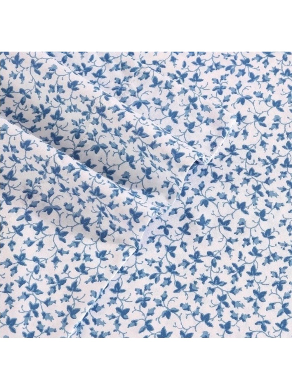 Laura Ashley QUEEN Blue/White Floral Vine Sheet Set 100% Cotton Sateen 300TC